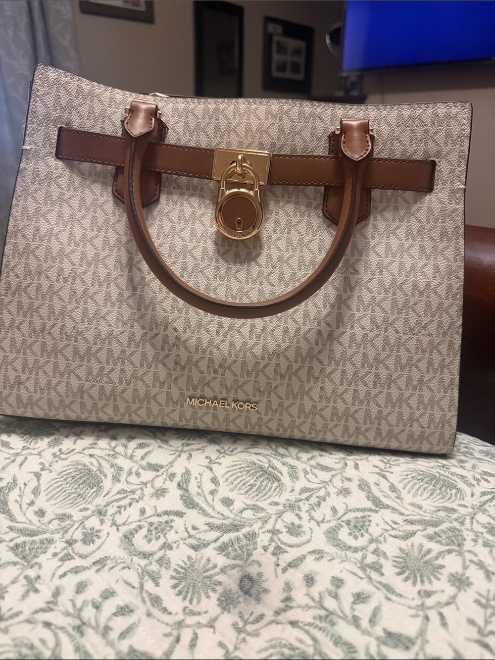 Michael Kors Beige Monogram Satchel with Brown Leather Trim and Gold Hardware